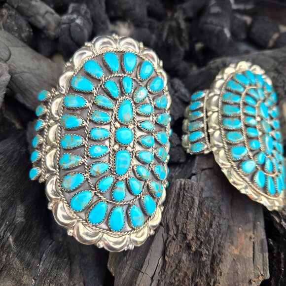 2 Large Sterling Silver & Turquoise cuff bracelets signed by DLW Navajo artist - Picture 5 of 16